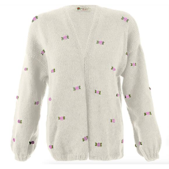 Fanm Mon Hand Knit Pink Rose Cardigan Cotton Sweater | Womens M L NEW - Picture 2 of 13